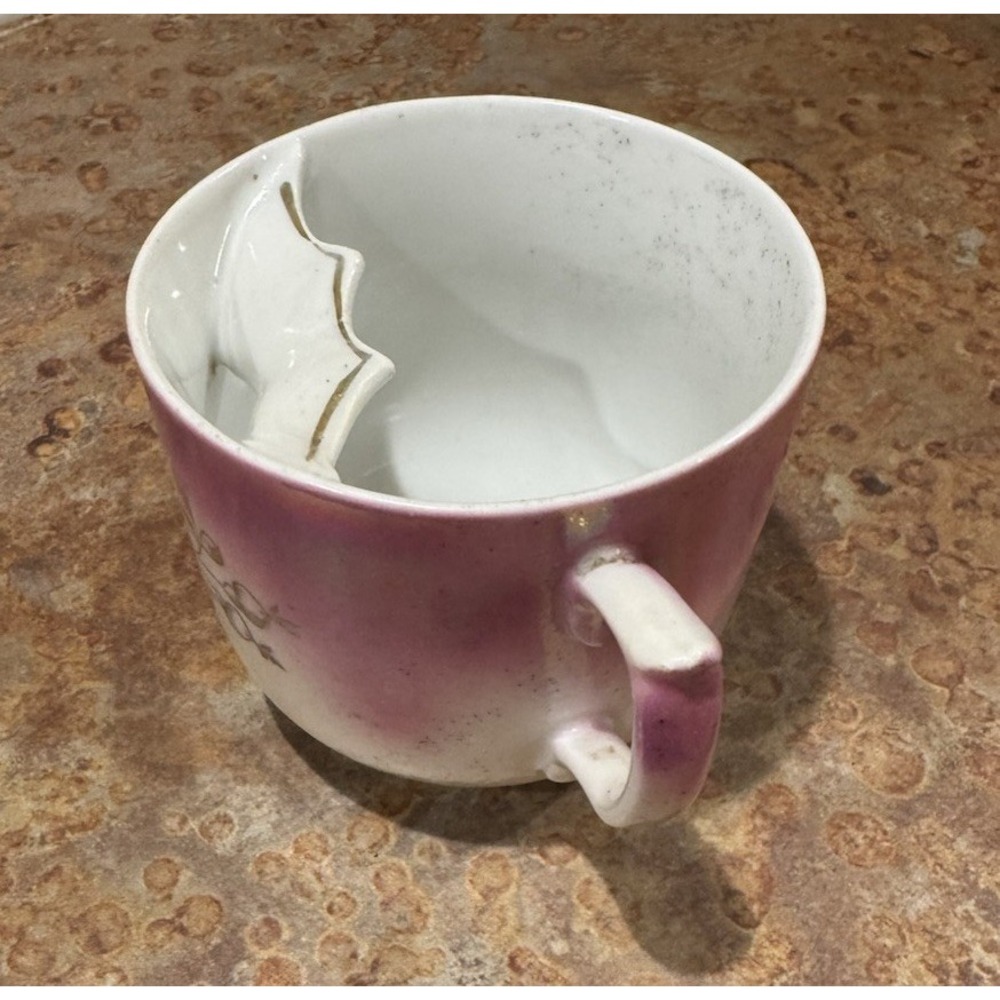 Antique German Porcelain Mustache Cup Pink Floral Raised HUSBAND Victorian As Is - Picture 5 of 10